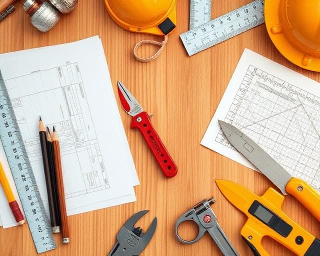Construction tools on wooden table